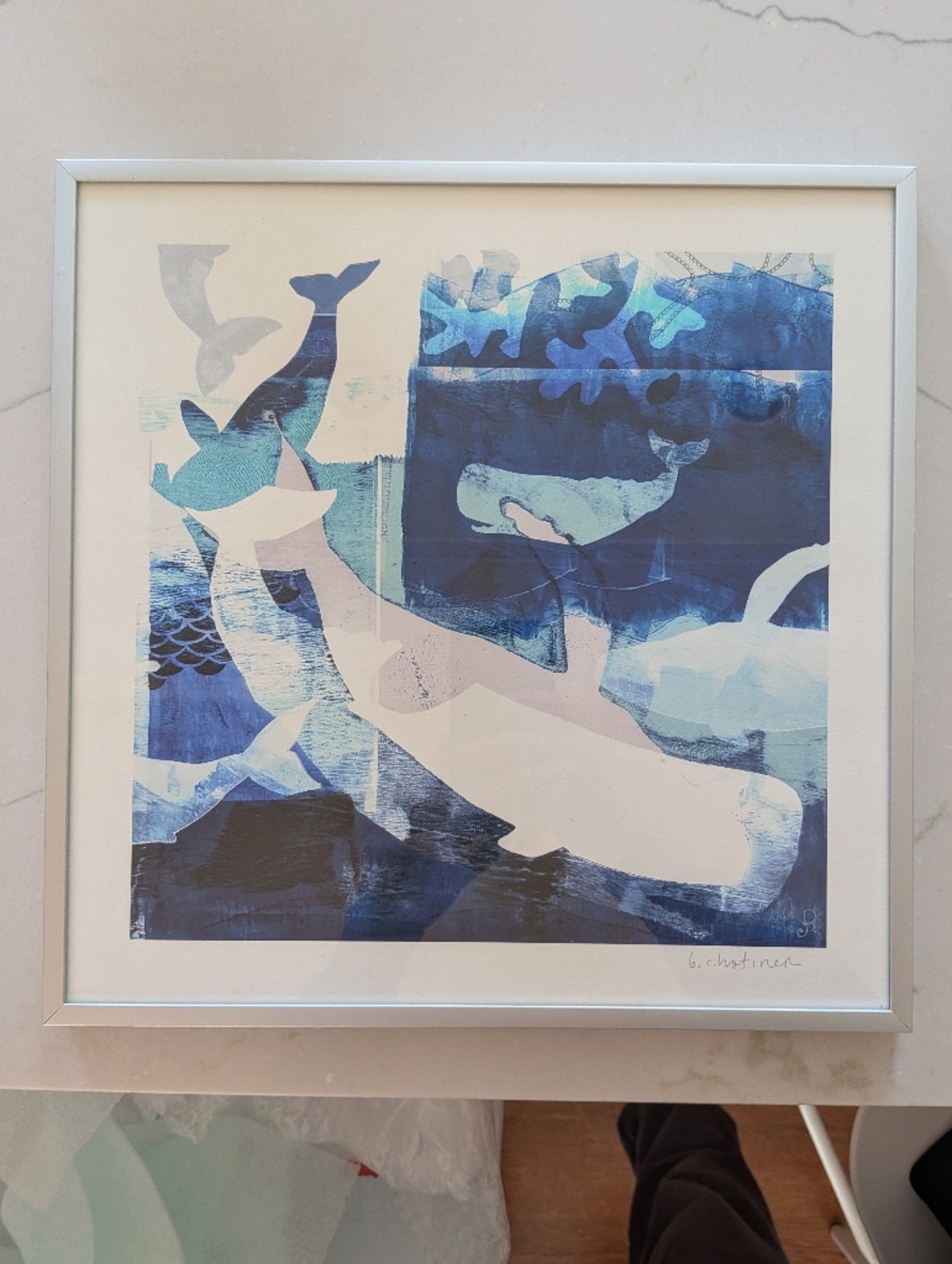 Framed & Signed Mixed Media Blue Whale Art Print - Barb Chotiner